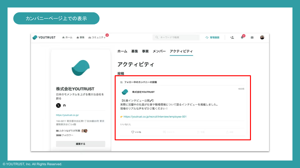 カンパニーページのアクティビティ表示